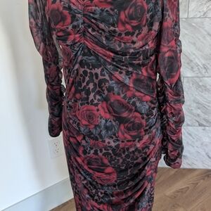 Chic Red and Black Floral Long Sleeve Dress